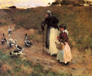 Fowl Painting - old woman with child and goose 1885